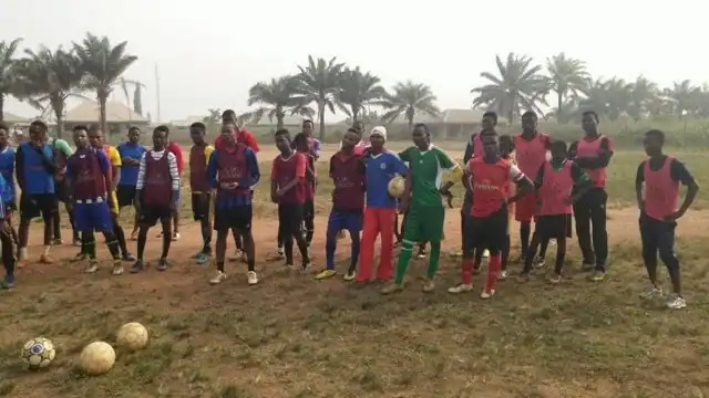 Young athletes training at Osaro Intl Sports Academy soccer camp, showcasing skill development and teamwork in Nigeria.