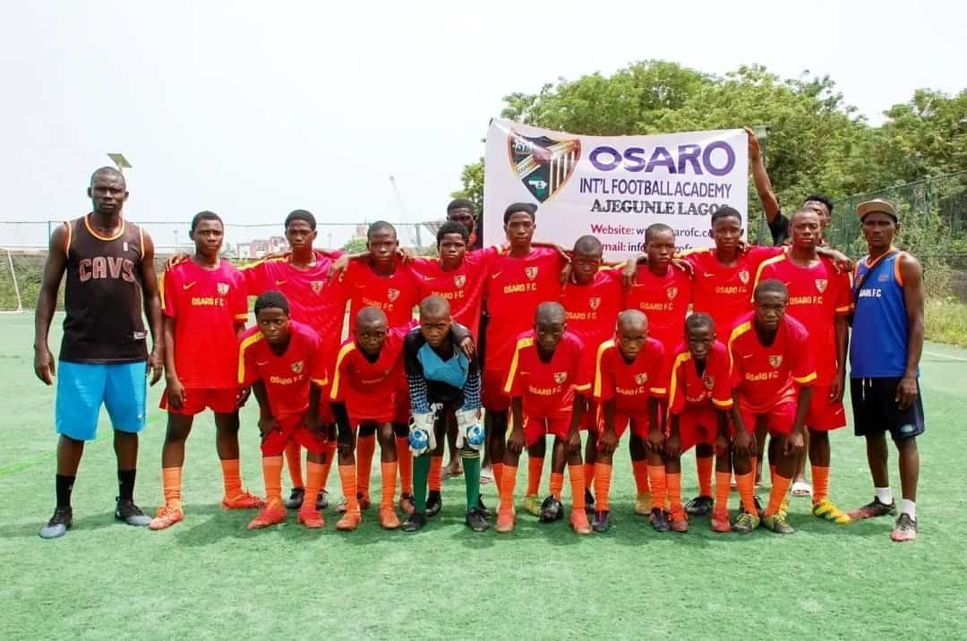 Youth football team at Osaro International Sports Academy in Lagos, promoting soccer development and athletic training.
