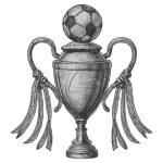 Soccer trophy with football on top and ribbon details, celebrating sports achievement.