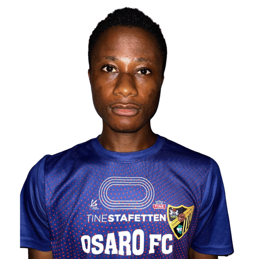 Athletic woman in Osaro FC sports jersey for Osaro Intl Sports Academy promoting soccer training.