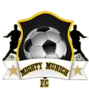 High school soccer team logo with players, shield, and football, representing Mighty Munich FC.