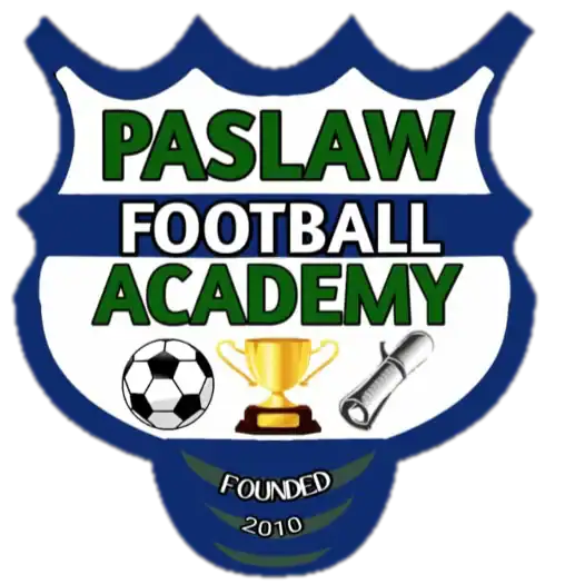 PASLAW Football Academy logo, soccer ball, trophy, and diploma for youth sports training.