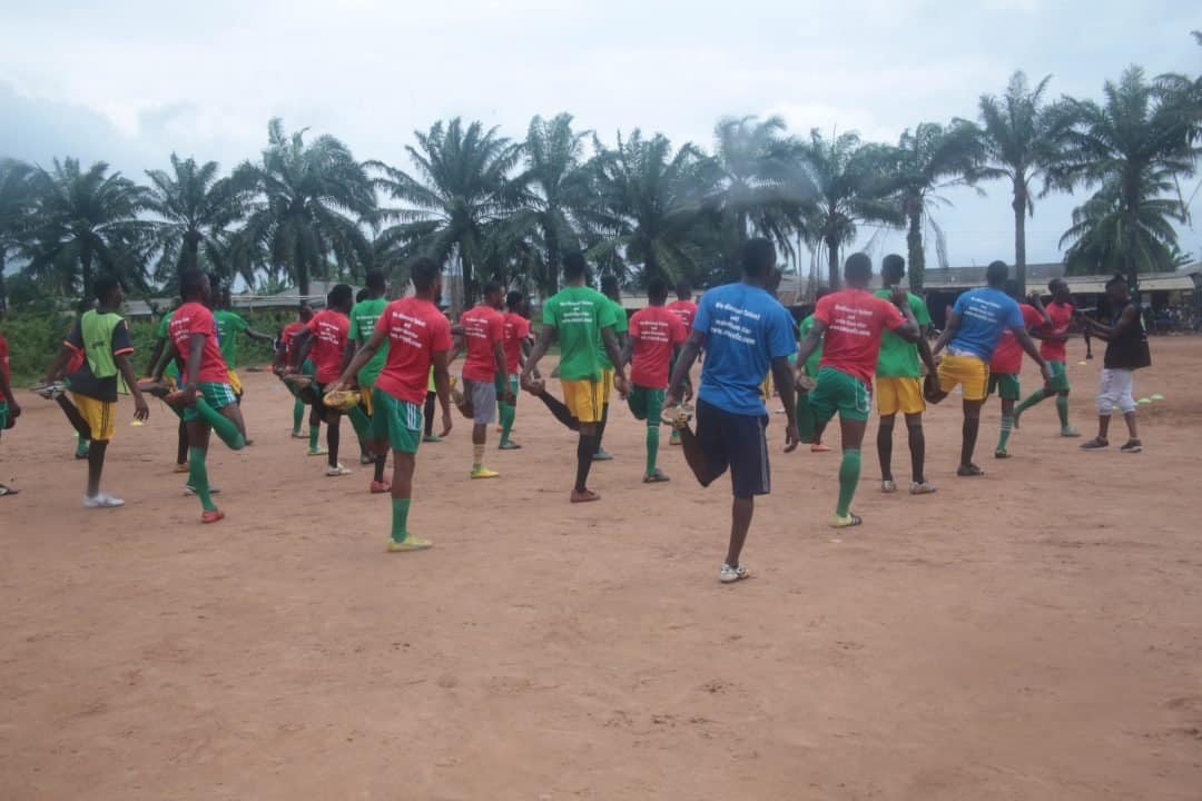 Young athletes practicing soccer at Osaro International Sports Academy in Nigeria.