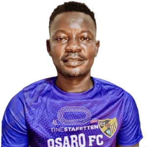 Osaro Intl Sports Academy football player in blue uniform, athletic training, sports development, youth soccer team.